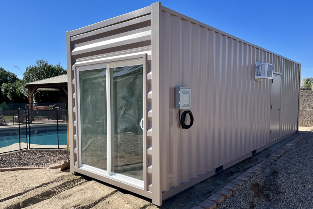 30ft Pool House Shipping Container Modified with walk door, sliding glass door, custom color, and electric pacha