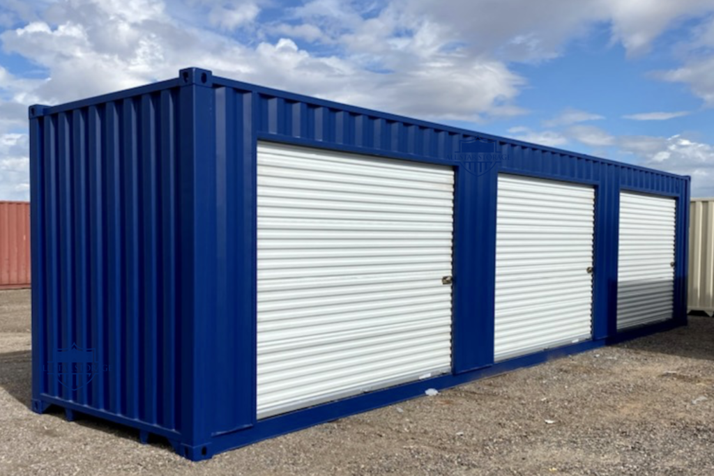 40ft Modified Shipping Container painted blue with 3 side roll up doors