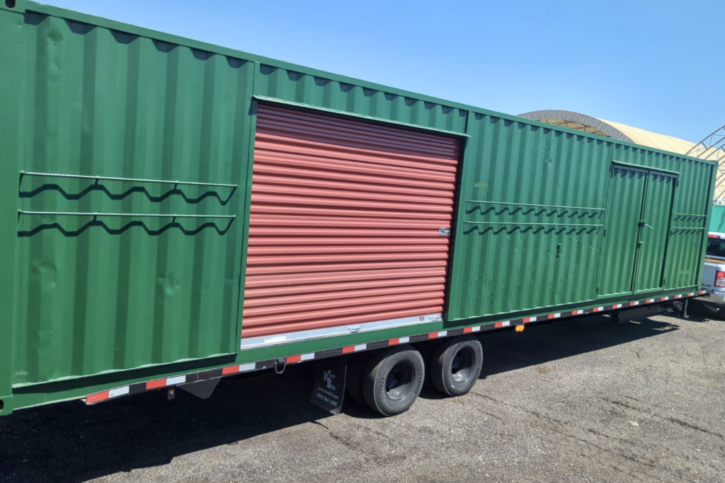 40ft Shipping Container Modified into a Tack Room with Barn Doors, Roll Up Doors, Custom Color and Horse Tie Offs