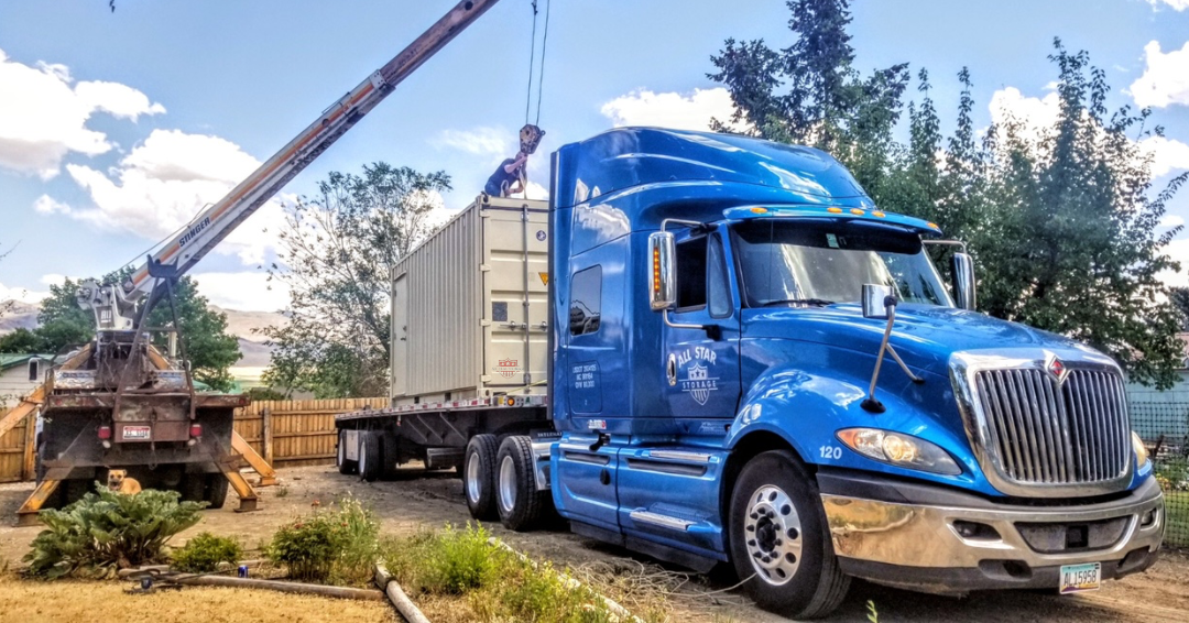 20ft Shipping Container on Trailer Blue Semi Delivered with Crane