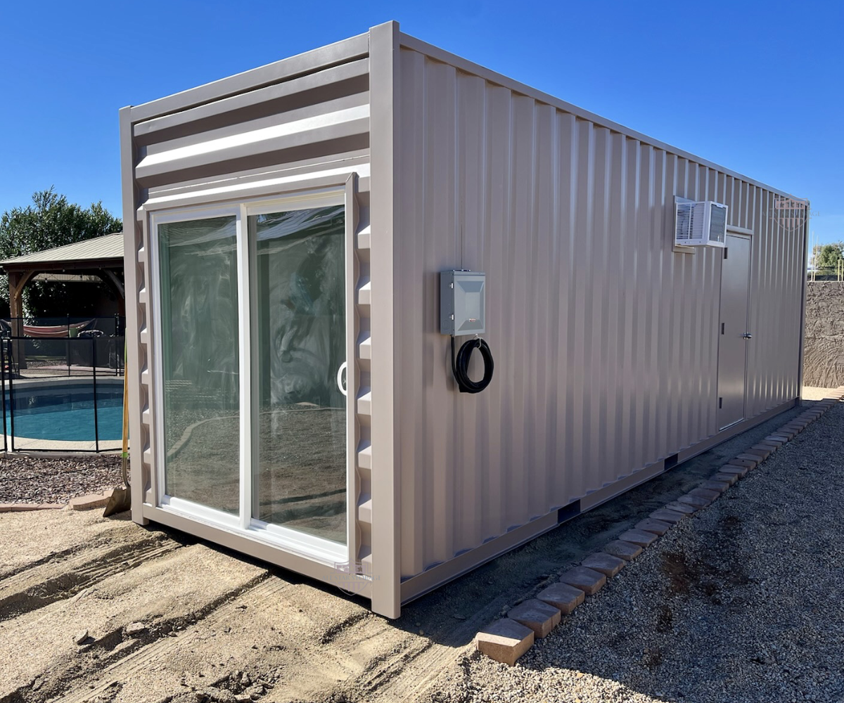 30ft Shipping Container with Sliding Glass Door, Walk Door, Electric, and AC Pool House