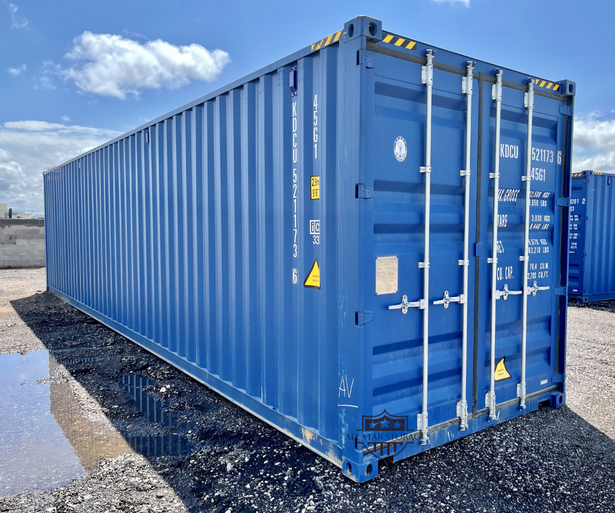 40ft Shipping Container One Trip Blue by Water